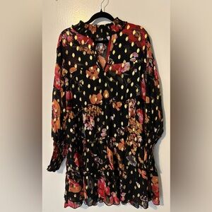 Forever Unique Black Floral Dress with Gold Foil Dots and Orange-Pink Blooms